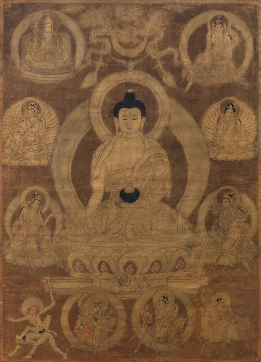 View full screen - View 1 of Lot 6. A rare silk thangka depicting Bhaisajyaguru, Tibet, 17th century, attributed to Choying Gyatso workshop | 十七世紀 藏傳藥師佛唐卡 絹本設色.