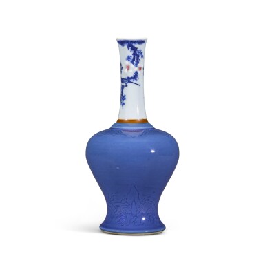 View full screen - View 1 of Lot 209. An underglaze-blue and copper-red bottle vase, Qing dynasty, Kangxi period | 清康熙 青花釉裏紅梅花紋長頸瓶.