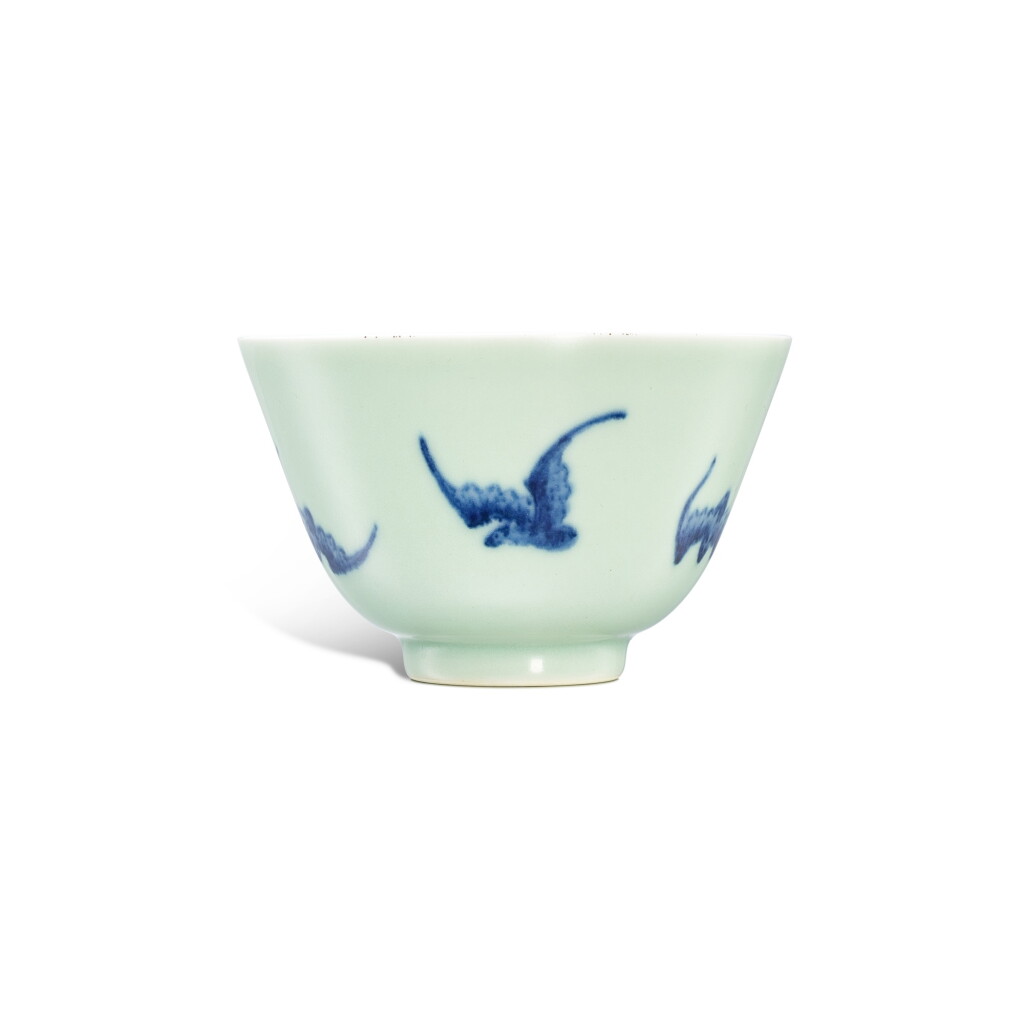 View full screen - View 1 of Lot 3715. A fine celadon-ground and underglaze blue 'bats' cup, Mark and period of Yongzheng | 清雍正 粉青地青花五蝠盃 《大清雍正年製》款.