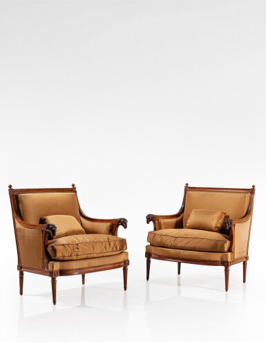 View full screen - View 1 of Lot 12. A pair of mahogany marquise chairs, attributed to Georges Jacob, late 18th century.