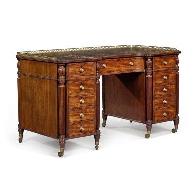 View full screen - View 1 of Lot 137. A Regency Gilt-Brass Mounted Gilt-Tooled Green Leather Lined Mahogany Kneehole Desk By Gillows, Circa 1813 .