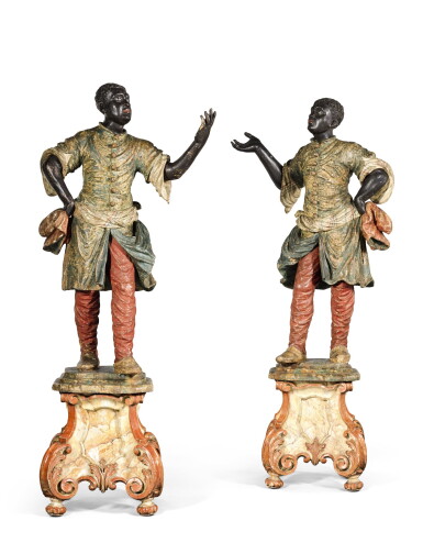 View full screen - View 1 of Lot 119. A pair of Italian carved, painted and parcel-gilt figures, Venice, mid-18th century.