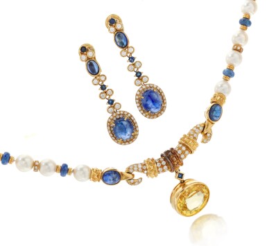 View full screen - View 1 of Lot 99. Cultured pearl, sapphire and diamond Demi-Parure (Demi-Parure in perle coltivate, zaffiri e diamanti).