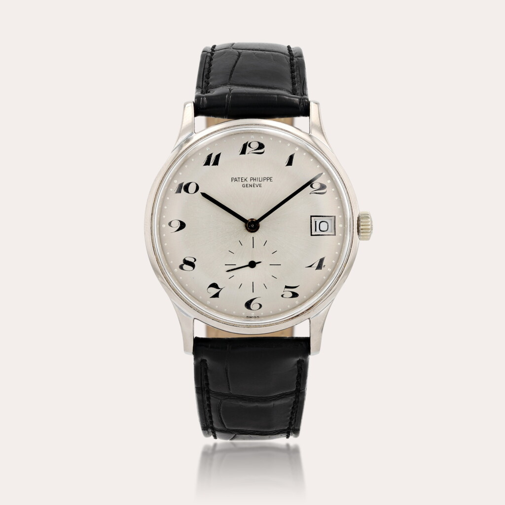 View full screen - View 1 of Lot 384. Calatrava 'Small Mono-date automatic waterproof', reference 3514G Montre bracelet en or blanc avec date et chiffres Breguet | White gold wristwatch with date and Breguet numerals Vers 1967 | Circa 1967.