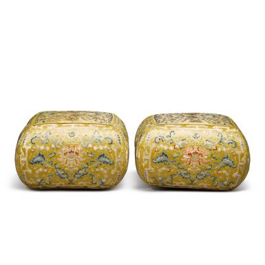View full screen - View 1 of Lot 948. A pair of yellow-ground embroidered silk 'lotus' square cushions, Qing dynasty, 18th / 19th century | 清十八 / 十九世紀 黃地繡纏枝蓮紋迎手一對.