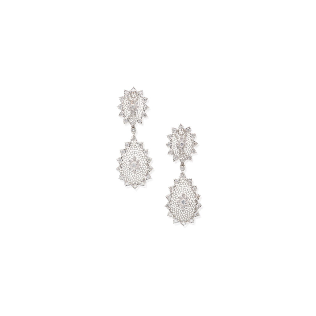 View full screen - View 1 of Lot 249. PAIR OF WHITE GOLD AND DIAMOND PENDANT-EARCLIPS, BUCCELLATI.