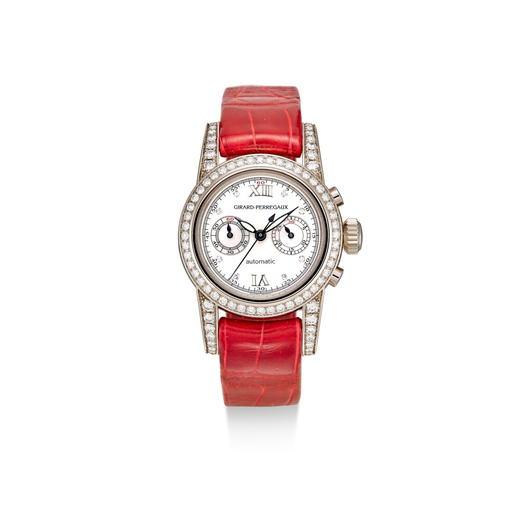 View full screen - View 1 of Lot 8144. GIRARD-PERREGAUX | 1966-CHRONOGRAPHE, REFERENCE 8046 A WHITE GOLD AND DIAMOND-SET CHRONOGRAPH WRISTWATCH WITH MOTHER-OF-PEARL DIAL, CIRCA 2000.