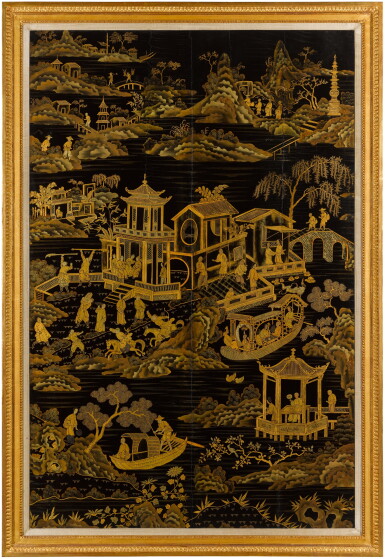 View full screen - View 1 of Lot 174. A set of three Chinese Export black and gilt lacquer panels, early 19th century.
