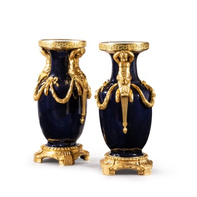 View full screen - View 1 of Lot 68. A pair of gilt-bronze mounted Chinese blue porcelain vases, the porcelain Kangxi period (1662-1722), the mounts late Louis XV, circa 1765-1770 after Jean-Louis Prieur.