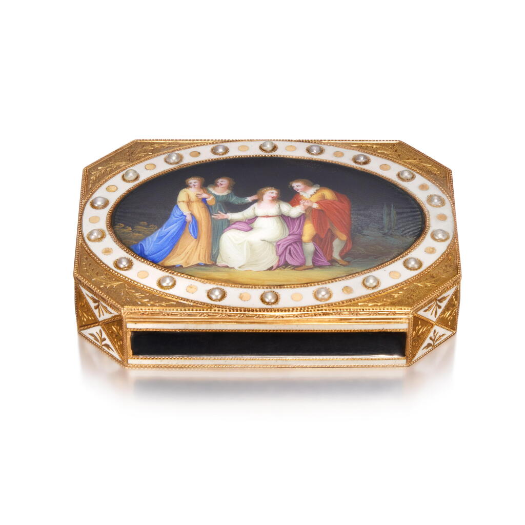 View full screen - View 1 of Lot 467. A Pearl-Set Gold and Enamel Snuff Box, Frères Jordan, Berlin, Circa 1800.