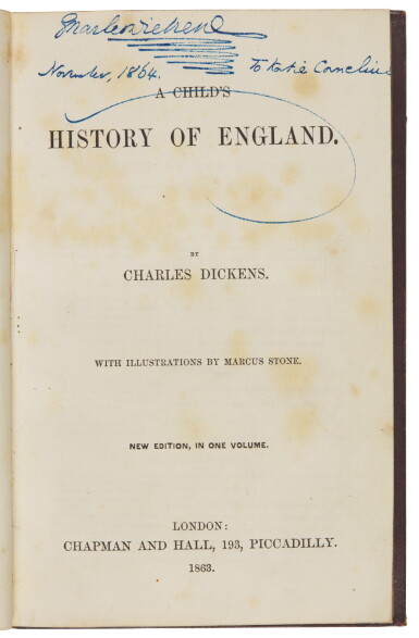 View full screen - View 1 of Lot 154. Dickens, A Child's History of England, 1863, new one-volume edition, inscribed to Cornelius.