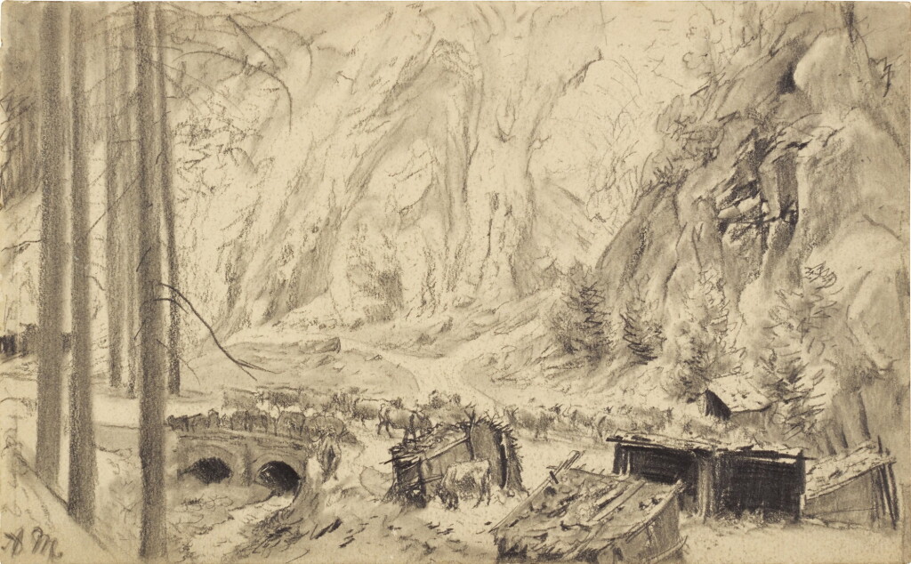 View full screen - View 1 of Lot 241. ADOLPH VON MENZEL | ROCKY LANDSCAPE WITH CATTLE CROSSING A BRIDGE.