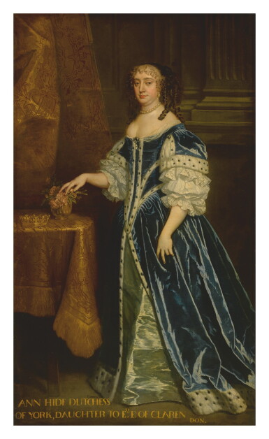 View full screen - View 1 of Lot 45. STUDIO OF SIR PETER LELY | PORTRAIT OF ANNE HYDE, DUCHESS OF YORK AND ALBANY (1637-1671), FULL-LENGTH, IN A BLUE GOWN TRIMMED WITH ERMINE, STANDING BEFORE A GOLD CURTAIN WITH HER CROWN ON A TABLE.