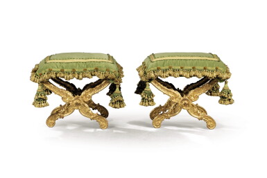 View full screen - View 1 of Lot 258. A pair of German carved giltwood X-frame tabourets, late 19th century .