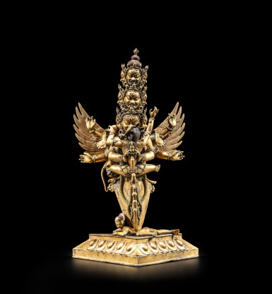 View full screen - View 1 of Lot 52. A gilt-copper figure of Vajrakila, Nepal, 20th century | 尼泊爾 二十世紀 鎏金銅普巴金剛坐像.