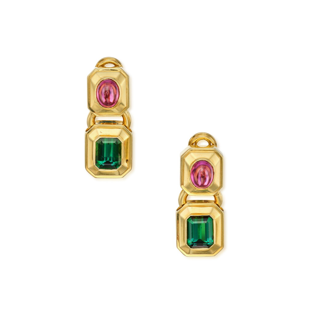 View full screen - View 1 of Lot 208. Pair of Gold and Tourmaline Earclips.