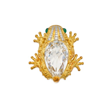 View full screen - View 1 of Lot 290. Gold, Rock Crystal, Emerald and Diamond Clip-Brooch.