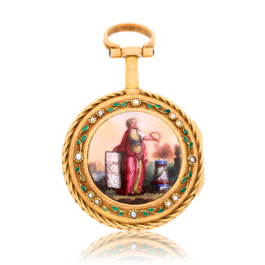 View full screen - View 1 of Lot 145. A small gold, enamel and pearl-set verge watch Circa 1780.