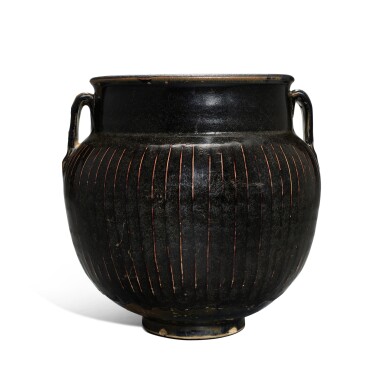 View full screen - View 1 of Lot 9545. A black-glazed 'ribbed' handled jar, Northern Song / Jin dynasty | 北宋 / 金 黑釉棱線紋雙繫罐.