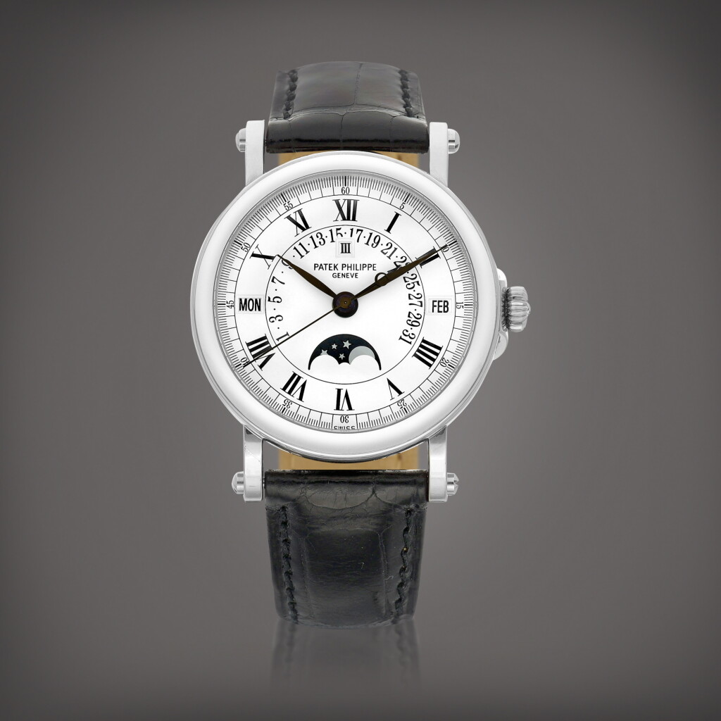 View full screen - View 1 of Lot 2299. Reference 5059 | A white gold perpetual calendar wristwatch with day, retrograde date, moon phases and leap year indication, Made in 2001 | 百達翡麗 | 型號5059 | 白金萬年曆腕錶,備逆跳日期、星期、月相及閏年顯示,2001年製.