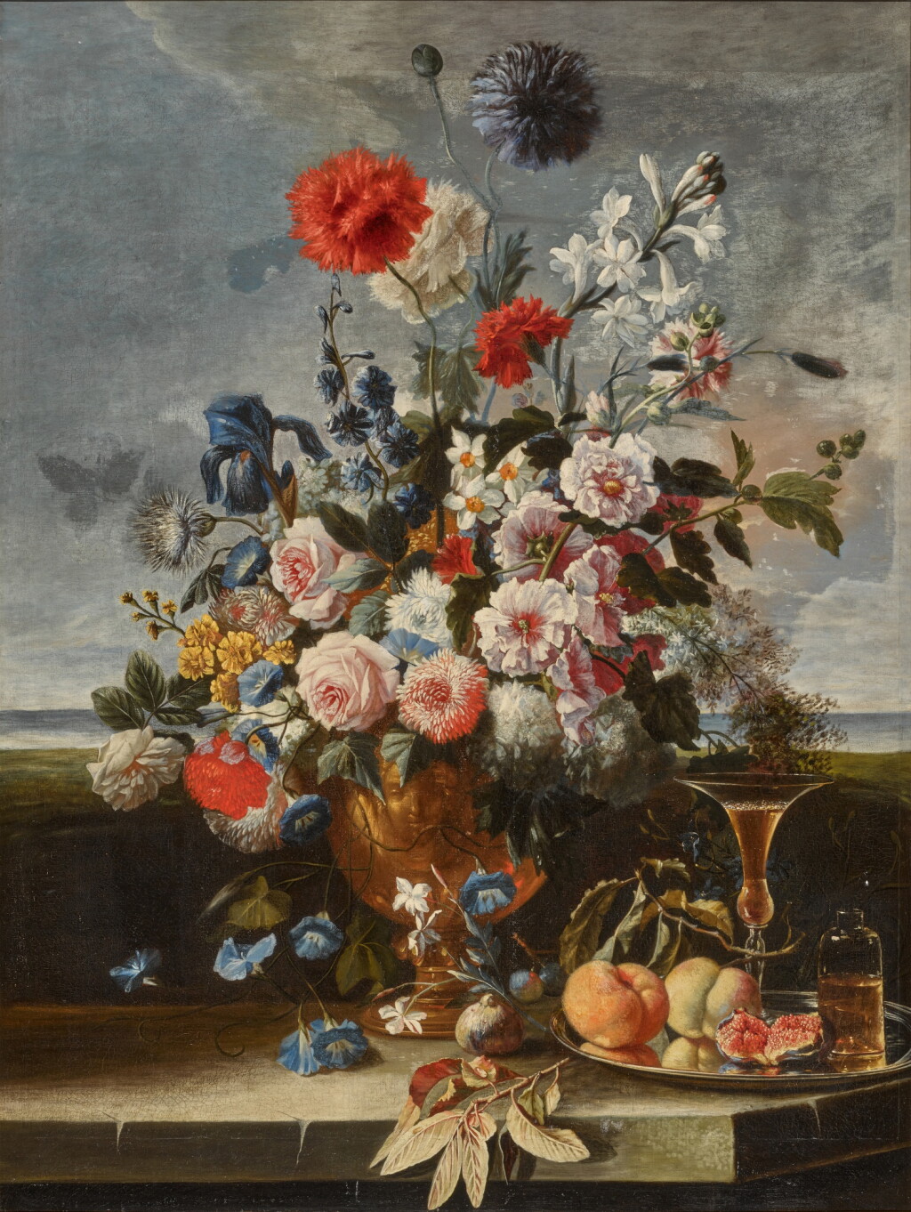 View full screen - View 1 of Lot 170. Still life of roses, carnations, chrysanthemums, narcissi, morning glory and a thistle, with a platter of fruit and glassware.