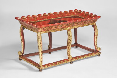 View full screen - View 1 of Lot 676. A Dutch Colonial Parcel-Gilt Red and Gold Lacquer and Cedarwood Tea Table, Java (Indonesia), late 17th/Early 18th Century.