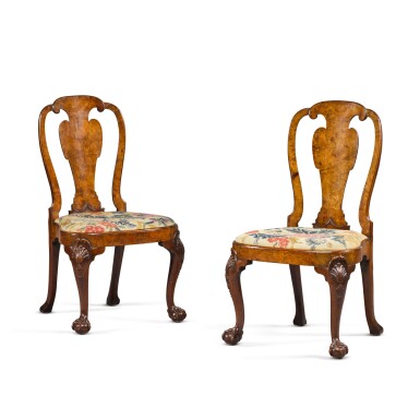 View full screen - View 1 of Lot 285. A pair of George II carved walnut and burr walnut veneered side chairs, circa 1730-40, attributed to Giles Grendey.