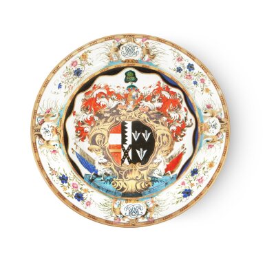 View full screen - View 1 of Lot 38. An Impressive Large Chinese Export Armorial 'Leake Okeover' Basin, Qing Dynasty, Qianlong Period, circa 1743 .