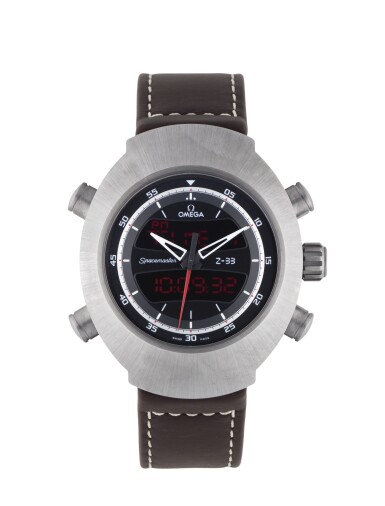 View full screen - View 1 of Lot 36. OMEGA | SPACEMASTER Z-33, REF 32592437901002 TITANIUM PERPETUAL CALENDAR CHRONOGRAPH WRISTWATCH WITH ALARM AND SECOND TIME ZONE CIRCA 2012.