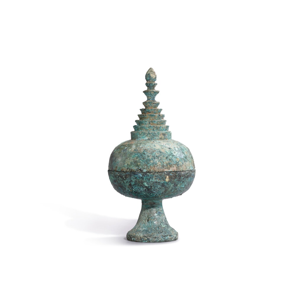 View full screen - View 1 of Lot 775. A bronze stupa-shaped incense box and cover, Tang dynasty | 唐 青銅舍利塔形香寶子.