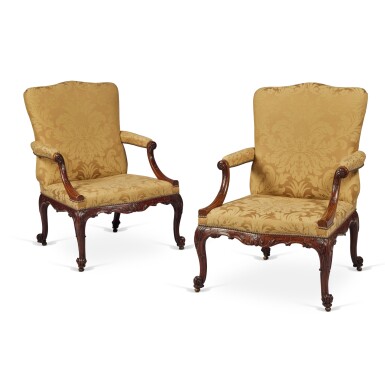 View full screen - View 1 of Lot 1173. A Pair of George III Mahogany Library Armchairs in the Manner of Paul Saunders, Circa 1760 .