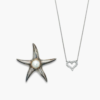 View full screen - View 1 of Lot 1315. Diamond Pendent Necklace and a Silver and Mabé Pearl Brooch | 蒂芙尼 | 鑽石 吊墜項鏈 及 銀鑲馬貝珠 胸針.