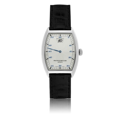 View full screen - View 1 of Lot 63. FRANCK MULLER | REF 7500 SC, A PLATINUM TONNEAU FORM JUMP HOUR WRISTWATCH CIRCA 2000.