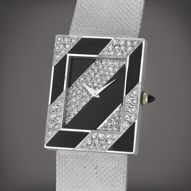 View full screen - View 1 of Lot 22. A white gold, onyx and diamond-set bracelet watch | Circa 1977.