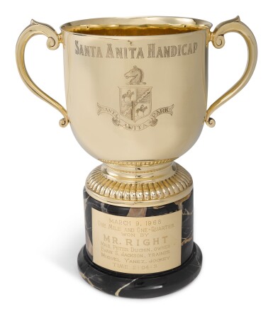 View full screen - View 1 of Lot 433. GOLD: The Santa Anita Handicap: An American 14 Karat Gold Horse Race Trophy, Shreve & Co., San Francisco, dated 1968.
