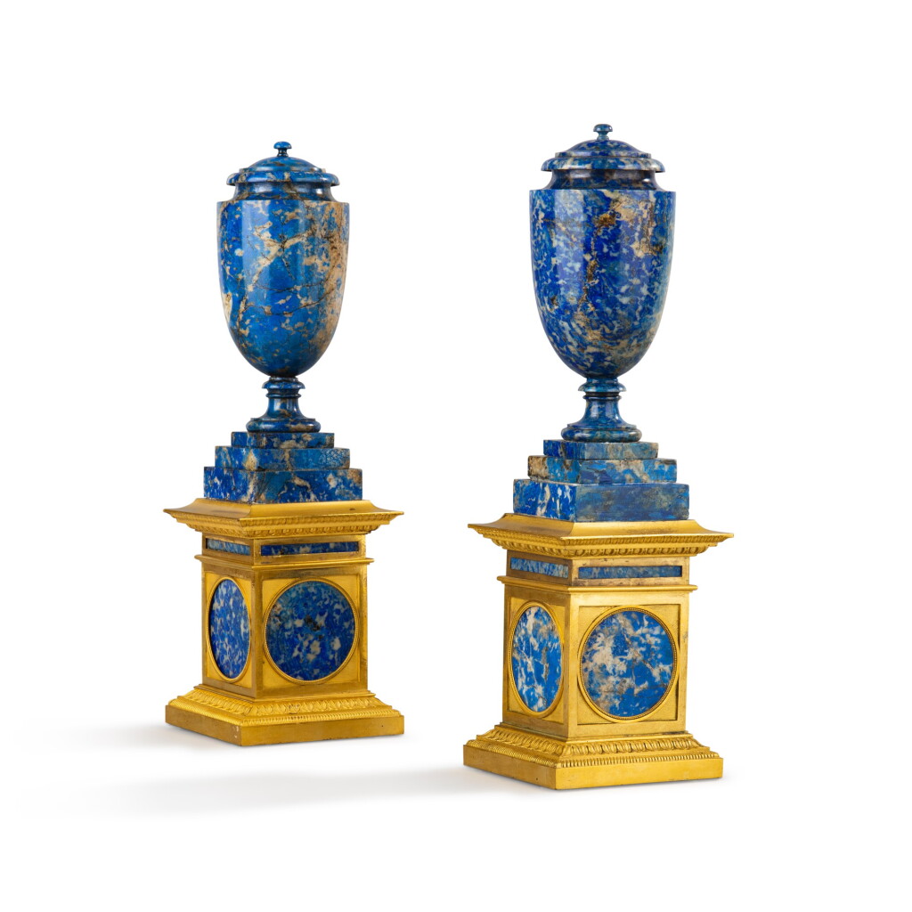 View full screen - View 1 of Lot 167. A near pair of gilt-bronze mounted lapis-lazuli vases, possibly Russian, circa 1800.