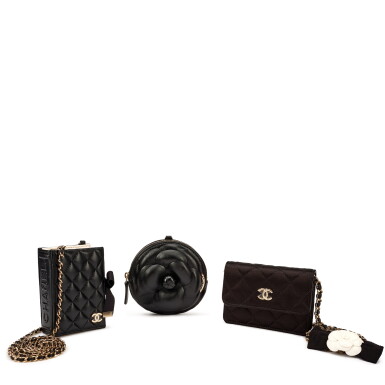 View full screen - View 1 of Lot 1120. Set of Three Black Quilted Lambskin Card Holder Pale Gold Hardware, Black Lambskin Mini Camellia Coin Purse Pale Gold Hardware, 2021 and Black Quilted Satin Camellia Wallet on Chain Pale Gold Hardware.