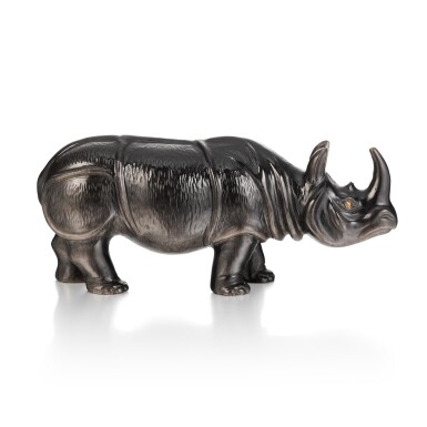 View full screen - View 1 of Lot 1004. A Large and Impressive Fabergé jewelled obsidian model of a rhinoceros, St Petersburg, circa 1900 .