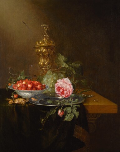 View full screen - View 1 of Lot 140. PIETER DE RING | Still life with a roemer, a bowl of strawberries and cherries, grapes and a rose.