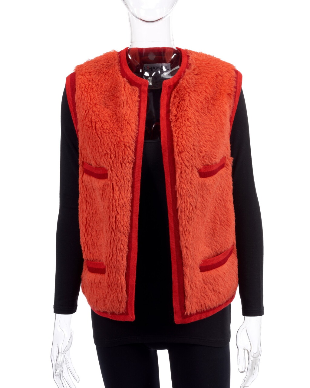 View full screen - View 1 of Lot 122. ORANGE CACHEMIRE- AND ALPACA-BLEND GILET, CHANEL.