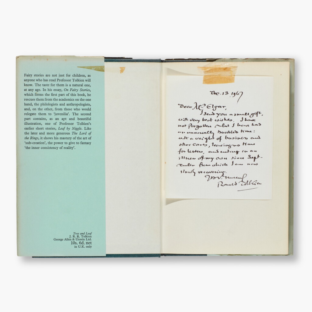 View full screen - View 1 of Lot 86. J.R.R. Tolkien I Tree and Leaf, 1964, first edition hardback, signed by the author, with autograph note signed, dated 13 December 1967.