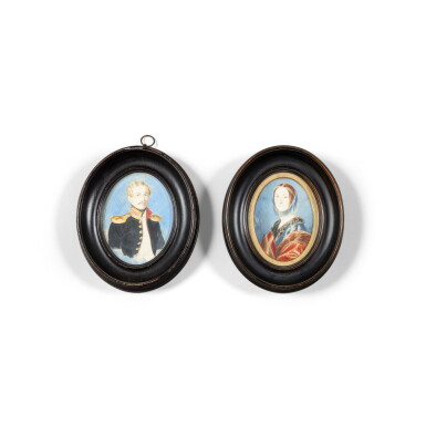View full screen - View 1 of Lot 111. Two oval miniatures on paper representing a young officer and a lady, unsigned, circa 1830 | Deux miniatures ovales sur papier représentant un officier et une femme, non signées, vers 1830.