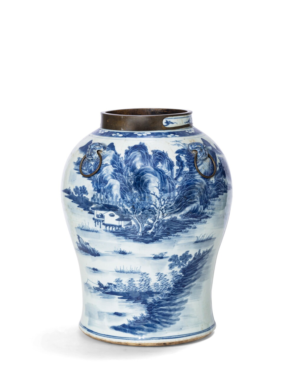 View full screen - View 1 of Lot 172. A large blue and white and bronze mounted 'landscape' vase Qing dynasty, 19th century | 清十九世紀 青花風景人物紋獸首耳罐.