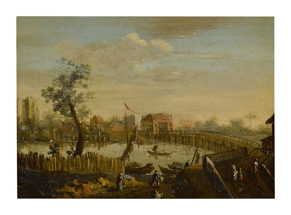 View full screen - View 1 of Lot 275. DUTCH SCHOOL, 19TH CENTURY | A RIVER LANDSCAPE WITH A BRIDGE, A VILLAGE BEYOND.
