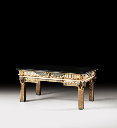 View full screen - View 1 of Lot 229. A NAPOLEON III CARVED PARCEL-GILT POLYCHROME PAINTED CENTER TABLE IN THE TASTE OF ANCIENT EGYPT, CIRCA 1868-1870 | TABLE DE MILIEU EN BOIS SCULPTÉ DORÉ ET POLYCHROME D'ÉPOQUE NAPOLÉON III, VERS 1868-1870, DANS LE GOÛT DE L'EGYPTE ANTIQUE.