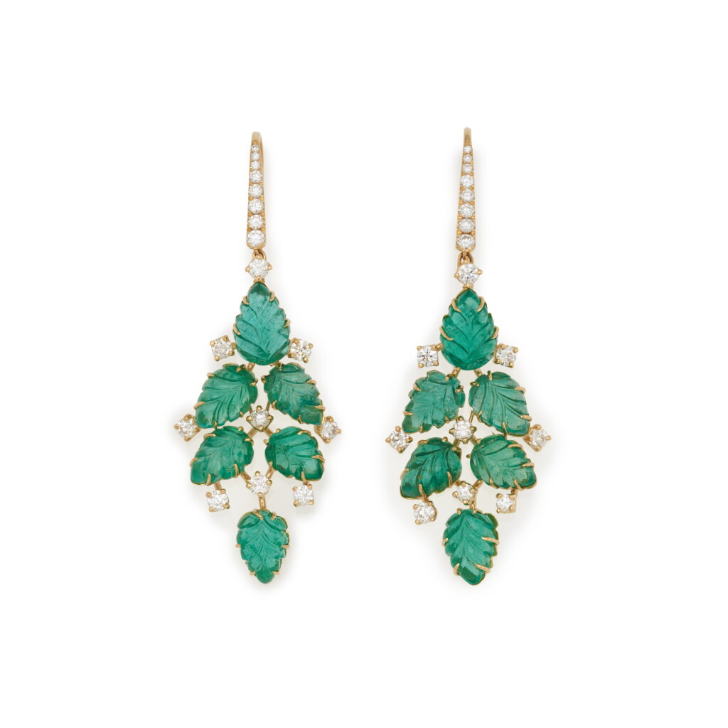 View full screen - View 1 of Lot 36. Pair of emerald and diamond earrings.