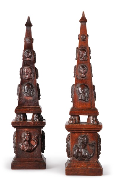 View full screen - View 1 of Lot 49. A PAIR OF ITALIAN WALNUT OBELISKS.