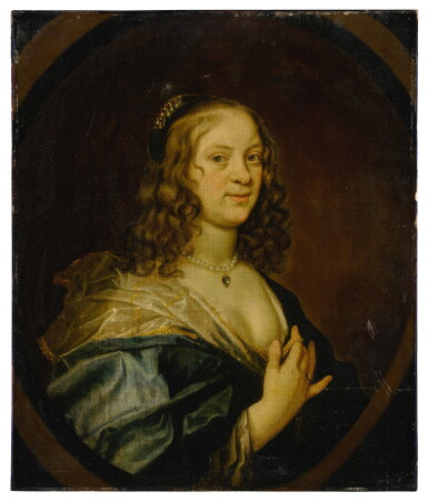 View full screen - View 1 of Lot 201. Portrait of a lady, half-length, wearing a pearl necklace with a heart pendant, in a painted oval.