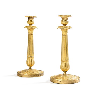 View full screen - View 1 of Lot 138. A pair of Restauration gilt-bronze candlesticks, circa 1820, from the Palais des Tuileries.
