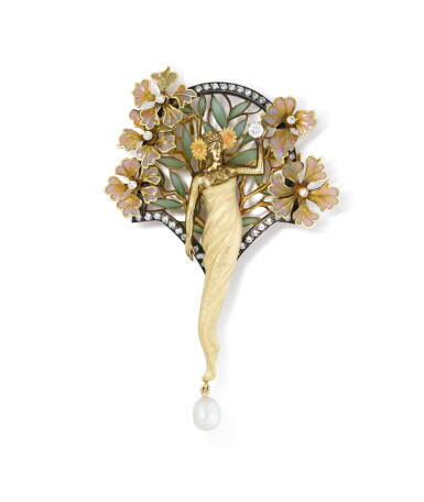 View full screen - View 1 of Lot 30. Masriera | Broche émail, perle et diamants | Enamel, pearl and diamonds brooch.